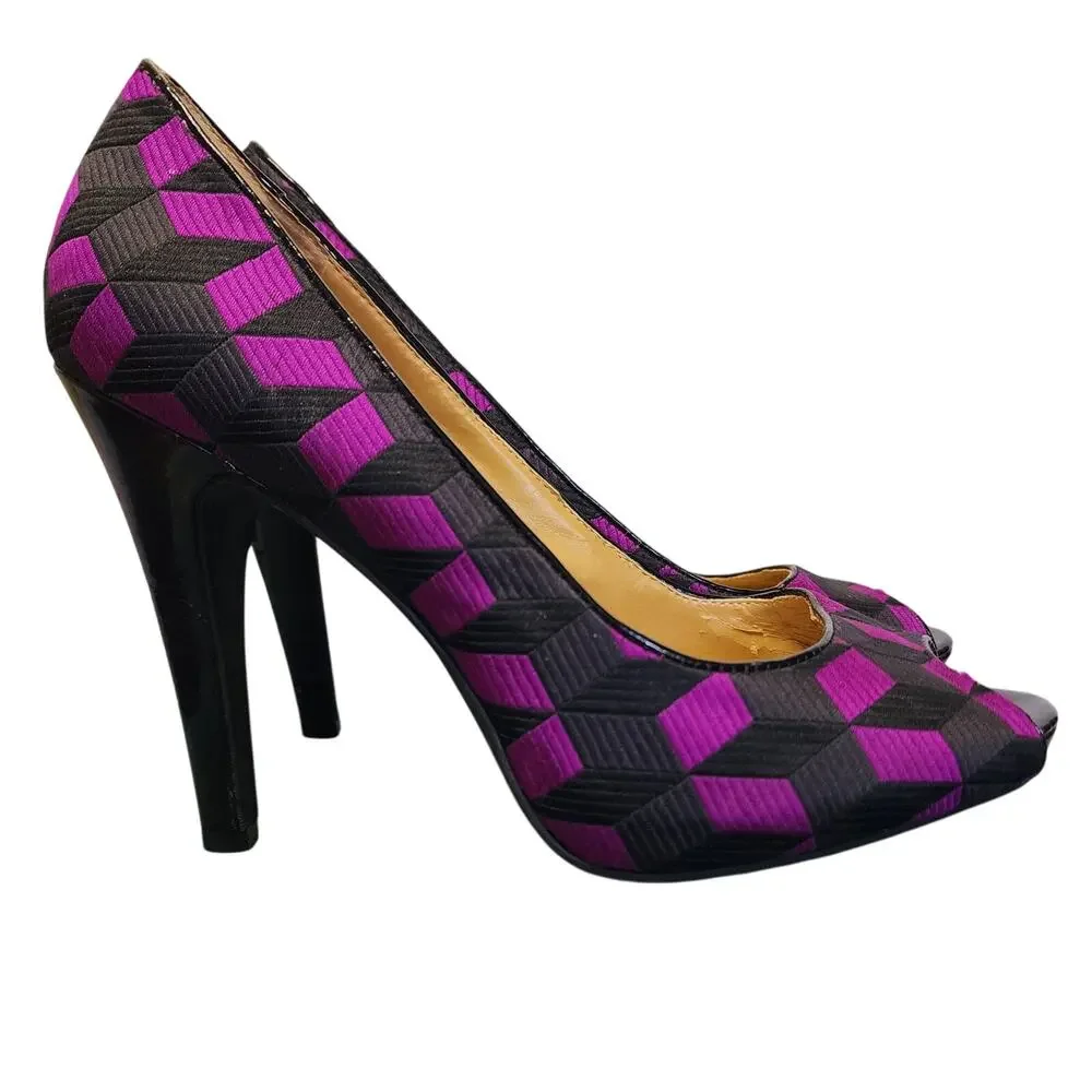 Nine West Women's Shoes, Purple & Black Fabric Peep Toe High Heel Pumps, Sz 8M